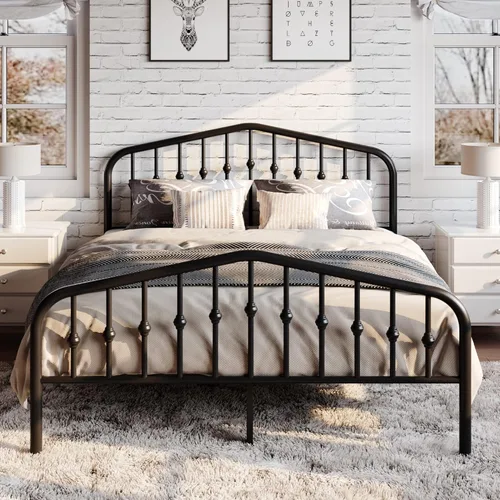 Miniatura 4 de SHA CERLIN Marco de cama de plataforma de metal de tamaño completo con cabecero/pie de cama de arte en hierro forjado estilo victoriano, no requiere