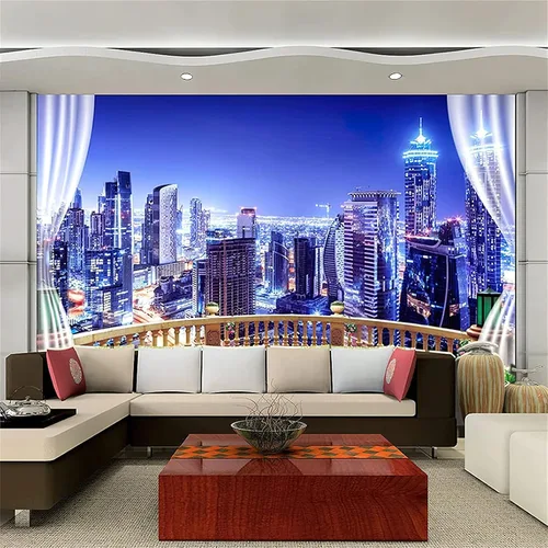 Hermoso papel tapiz 3D con vista nocturna de la ciudad, vista nocturna fuera de la ventana, papel tapiz fotográfico para sala de estar, dormitorio,