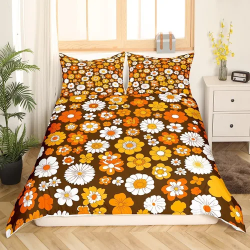 Juego de ropa de cama Groovy de los años 60 y 70 para niños, funda de edredón retro de flores hippie para niños, adolescentes, vintage, bohemio,