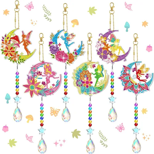 Tradder 6 piezas de campanillas de viento de arte de diamante, pintura de elfo de diamante, kits de atrapasoles para adultos, adornos de elfo de