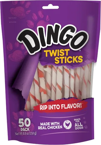 Dingo Twist Sticks 50 unidades, golosinas de cuero crudo prémium para perros, hechas con pollo real, 50 unidades