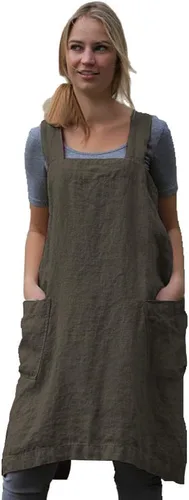 Miniatura 27 de Larmliss Delantal tipo pinafore cuadrado para mujer, para hornear, cocinar, jardinería, con espalda cruzada, mezcla de algodón/lino, con 2 bolsillos