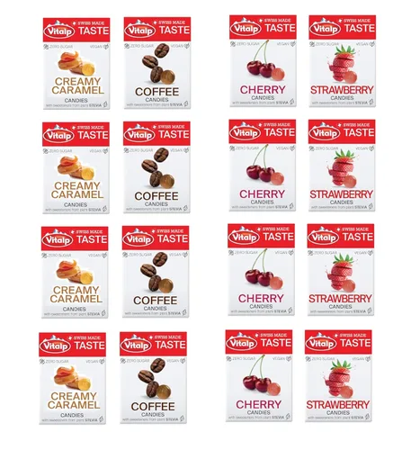 Miniatura 16 de Vitalp Taste, hecho en Suiza, caramelo duro sin azúcar con Stevia, vegano, sabor a caramelo cremoso, paquetes de 25g/0.88 onzas, 16 cajas
