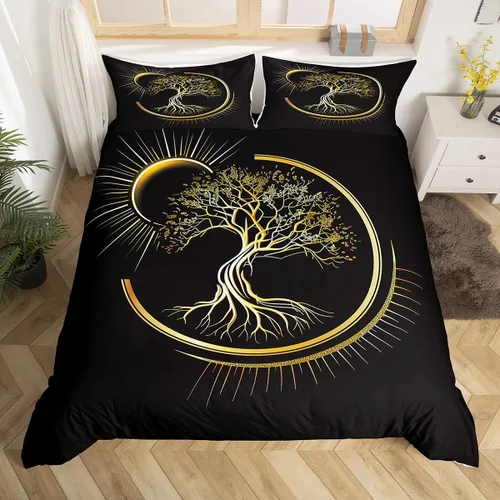 Miniatura 12 de Juego de funda de edredón para niños con diseño de gato lindo, tamaño individual, juego de ropa de cama con hojas de flores, luna, noche y cielo