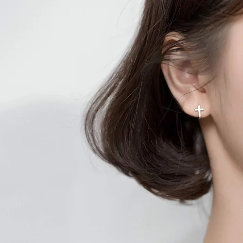 Miniatura 2 de Aretes de aro de plata de ley con cruz para mujeres y niñas, minimalistas, con fe, esperanza, cartílago, pequeño, tragus, abrazos, puños, joyería
