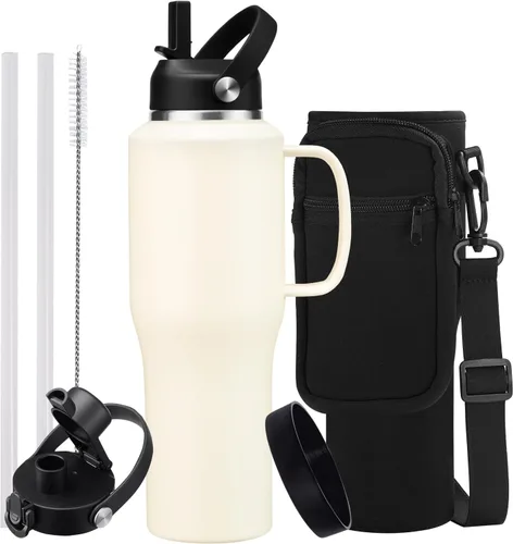 Miniatura 11 de Botella de agua de acero inoxidable de 32 onzas, frío-48 horas y caliente-24 horas, termo con popote y tapas de boquilla, bolsa, botella aislada al