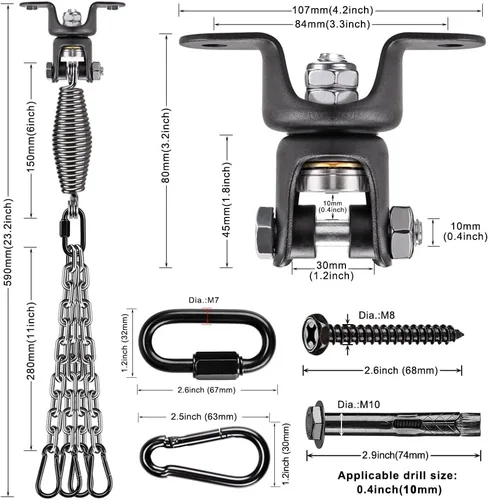 Miniatura 6 de BeneLabel Heavy Bag Ceiling Mount with Spring & Chains 360° Rotation Punching Bag Ceiling Hanger with Bearings Boxing Bags Holder Hardware with 2
