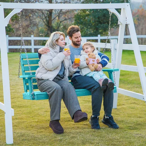 Miniatura 17 de KINGYES Columpio colgante para porche al aire libre, silla de columpio de patio de 2 asientos con portavasos, banco impermeable para patio y jardín