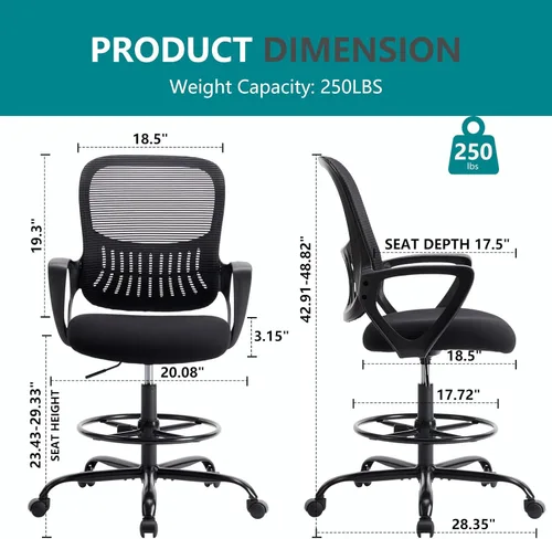 Miniatura 3 de DUMOS Silla de dibujo, silla de escritorio de oficina alta ajustable en altura con reposabrazos fijos y cómodo soporte lumbar para escritorio