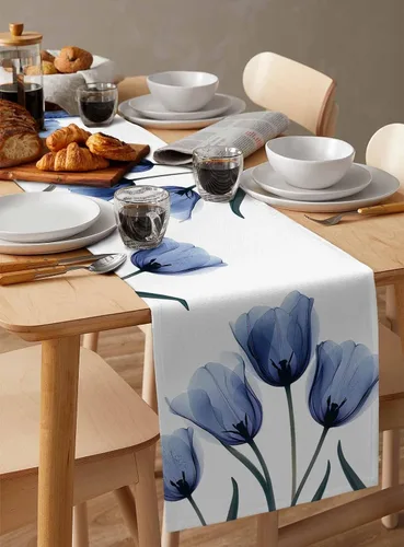 Miniatura 6 de Camino de mesa floral de tulipán azul, algodón y lino, pequeñas bufandas de 36 pulgadas, diseño rústico de flores para cocina, café, mesa