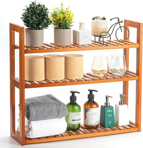 Estante de baño de madera, estante ajustable de 3 niveles para zapatos y plantas, montado en la pared o soporte para sala de estar (roble miel)