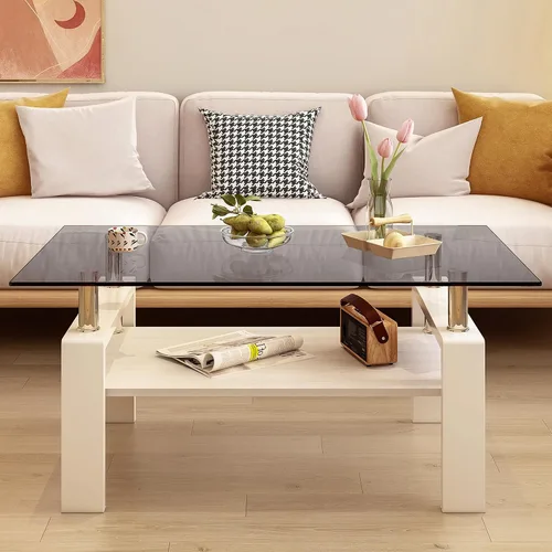 Miniatura 10 de Mesa de centro rectangular de vidrio para sala de estar, con mesa de vidrio templado y capa de MDF, para sala de estar y oficina