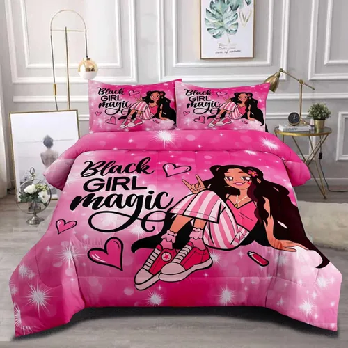 Juego de edredón de niña negra tamaño individual para niños, juegos de ropa de cama mágica de niña negra, juego de edredón de princesa melanina