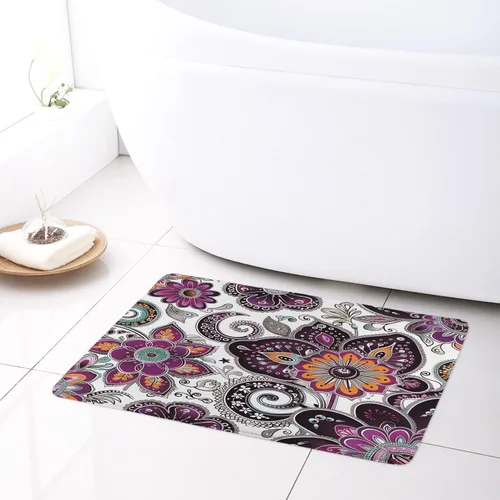Miniatura 4 de LB Alfombra de baño de flores bohemias, alfombra de baño antideslizante con estampado floral bohemio morado y negro, espuma viscoelástica suave