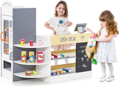 Miniatura 13 de Costzon Juego de simulación para tienda de comestibles, tienda de juegos de madera, juego de supermercado para niños pequeños con caja registradora