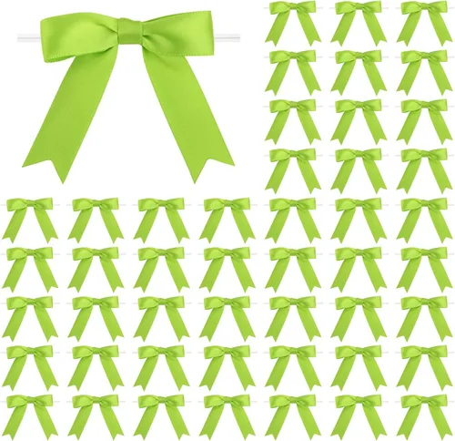 Meseey 50 Piezas Lazos de Cinta de Satén de 3 Pulgadas con Alambre de Torsión Verde Manzana Preatados Premade Lazos de Manualidades para Bolsas de