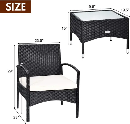 Miniatura 7 de HAPPYGRILL Juego de muebles de patio de 3 piezas con mesa de centro de cristal y cojines suaves para balcón, jardín, piscina