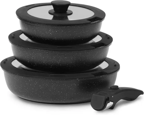 ESLITE LIFE Juego de sartenes antiadherentes de cerámica con tapas y mango desmontable, sartenes de cocina no tóxicas para tortilla de huevo, Negro