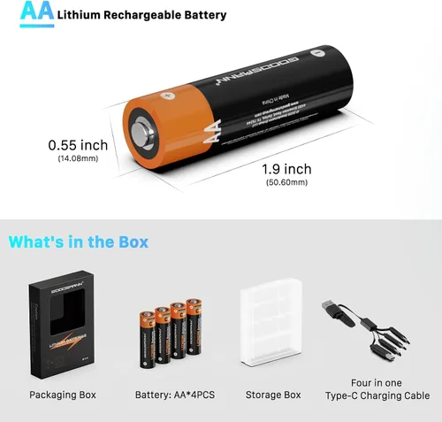 Miniatura 2 de GOODSMANN Paquete de 4 baterías recargables AA de iones de litio con cargador USB-C de 4 ranuras, salida de 1.5 V, 1700 mAh hasta 1000 ciclos