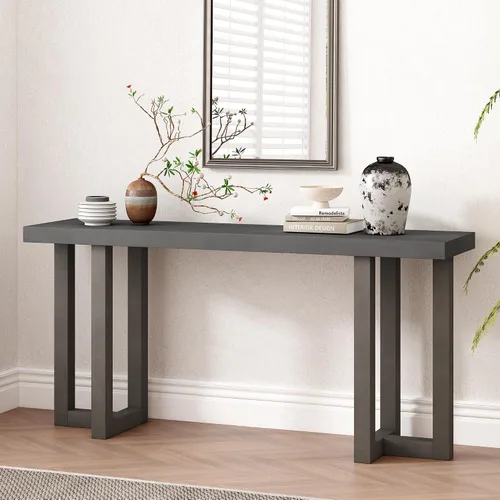 Miniatura 11 de Elegante mesa consola de 63 pulgadas con chapa de pino y patas geométricas, aparador de buffet versátil, mesa auxiliar de madera extra larga