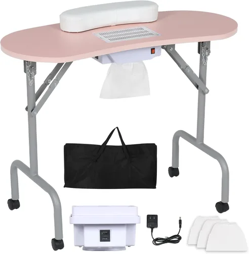 AGESISI Mesa de manicura portátil para uñas con estación de carga y colector de polvo, mesa plegable de tecnología de uñas para técnico, spa, salón,