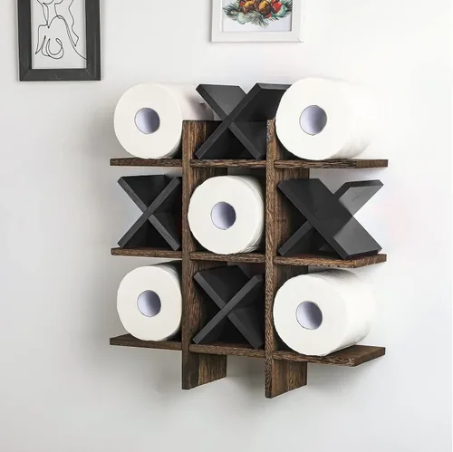 Miniatura 15 de Weysat Soporte de Papel Higiénico Tic Tac Toe Decoración de Pared de Baño Almacenamiento Colgante de Madera Rústica Estantes Independientes Montados