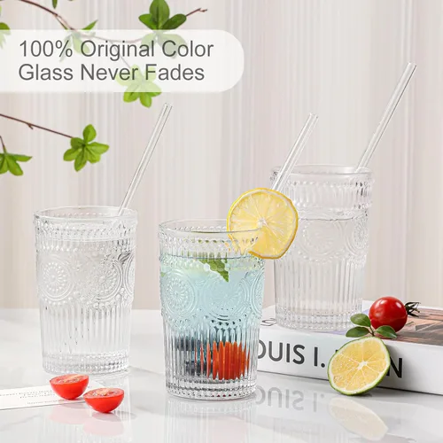 Miniatura 3 de ZMOWIPDL Juego de 6 vasos de vidrio vintage para beber, vasos de agua de vidrio con textura transparente con diseño de flores, vasos de agua a rayas