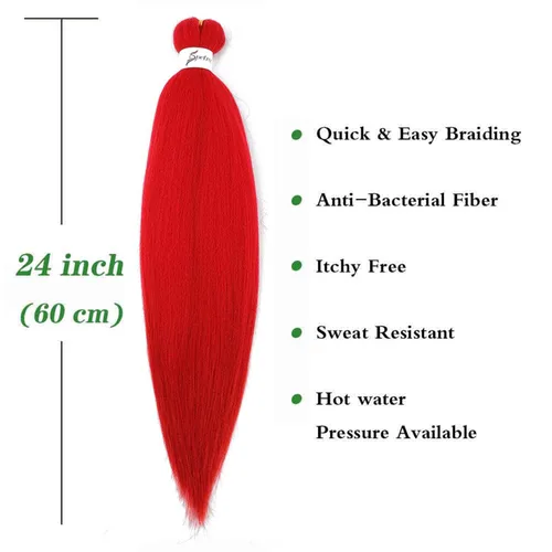 Miniatura 2 de SOKU - Cabello trenzado rojo preestirado de 24" de largo, 4 paquetes de fibra sintética trenzada con ganchillo, textura suave Yaki recta 4 paquetes