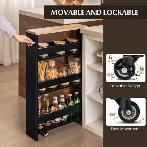 Miniatura 6 de LOKO Carrito de almacenamiento delgado, carrito rodante de 4 niveles con asa y parte superior de madera para cocina, baño, lavandería, sala de negro