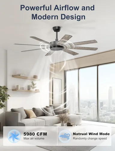 Miniatura 3 de Ventiladores de techo de 60 pulgadas sin luces, ventilador de techo negro moderno, control remoto/aplicación, ventilador de techo silencioso