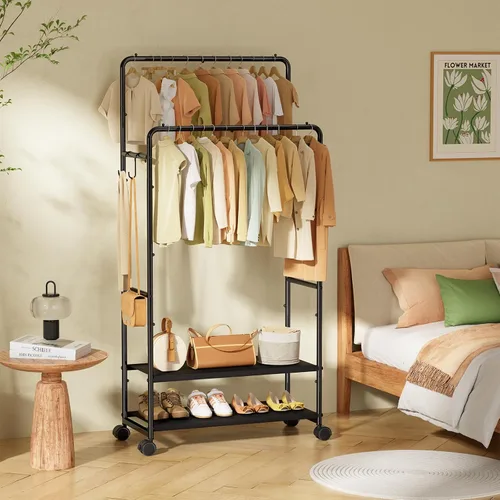 Miniatura 2 de Simple Trending Perchero para colgar ropa, perchero de doble barra con estantes, carga de 400 libras, perchero con ruedas, color negro