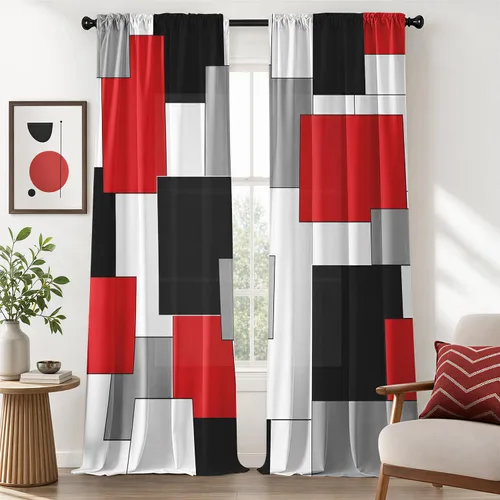 Miniatura 26 de Cortinas negras y rojas para sala de estar, 63 pulgadas de largo, cortinas geométricas modernas, blancas y grises, cortinas abstractas con bolsillo