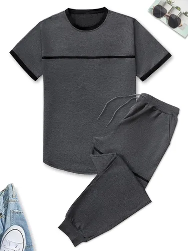 Miniatura 2 de MakeMeChic Conjunto casual de 2 piezas para hombre, camiseta de manga corta con cordón en la cintura