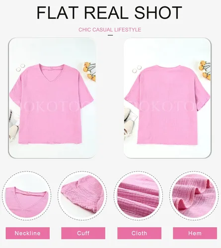 Miniatura 5 de Dokotoo Camisas casuales de manga corta con cuello en V para mujer, blusas sólidas de gran