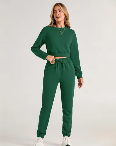 Miniatura 34 de BTFBM Conjunto deportivo de 2 piezas para mujer, camiseta corta de manga larga, sin botones, pantalón con cordón ajustable, pantalones deportivos