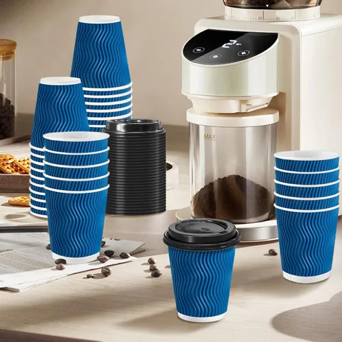 Miniatura 4 de Clawsoff Paquete de 100 tazas de café con tapas, de 8 onzas, desechables, aisladas, onduladas, para bebidas frías/calientes, oficina, hogar, tienda