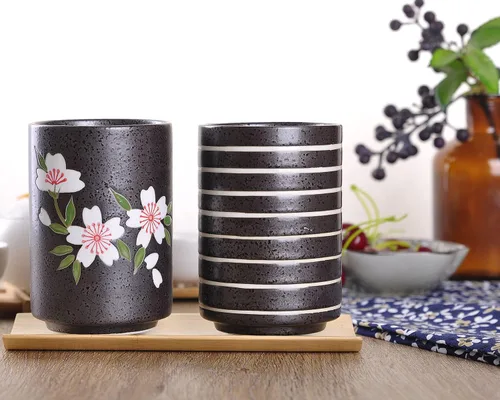 Miniatura 5 de WHJY Juego de 2 tazas de té de cerámica sin asa estilo chino/japonés transicional de 10 oz, patrón de flor de cereza y línea Flower & Line