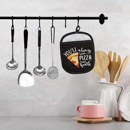 Miniatura 4 de Almohadillas para horno con temática de pizza, con bolsillo para amantes de la pizza, con bolsillo con texto en inglés "You Always Have A Pizza My