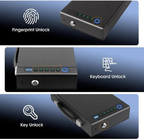 Miniatura 3 de Caja fuerte biométrica para pistola de huellas dactilares, 3 métodos de acceso rápido, con huella dactilar/PIN digital/llave, adecuado para armarios