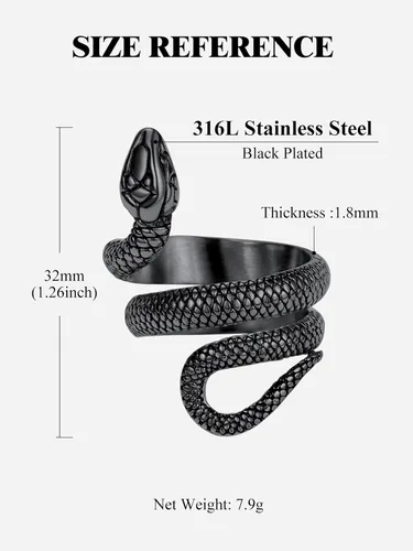 Miniatura 4 de Anillo de acero inoxidable chapado en oro de 18 quilatesserpiente negra para hombres y mujeres, tamaño 7-12, anillos de reptil de serpiente punk