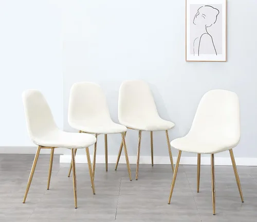 Juego de 4 sillas de comedor de terciopelo crema, sillas de cocina modernas de mediados de siglo con patas cromadas doradas, elegantes sillas de