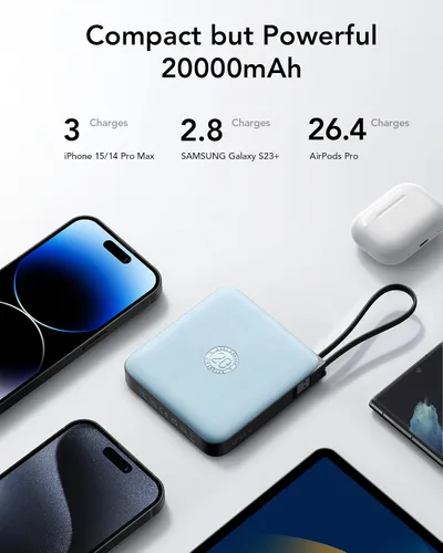 Miniatura 2 de VRURC Cargador portátil con 4 cables incorporados, paquete de batería de 20000mAh Cargador portátil PD 20W de carga rápida, banco de energía