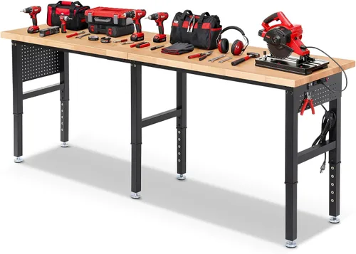 Miniatura 11 de ENJOYWOOD Mesa de trabajo para garaje de 60 pulgadas Banco de trabajo con almacenamiento Altura ajustable Tablero de madera de goma Banco de trabajo