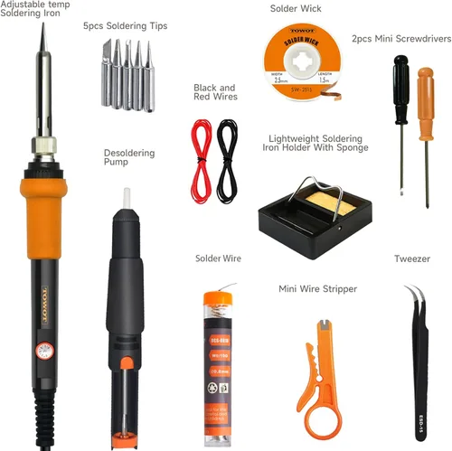 Miniatura 2 de Kit de soldadura TOWOT, soldador electrónico de 60 W con temperatura ajustable, bomba desoldadora, alambre de estaño, mecha de soldadura, pinzas