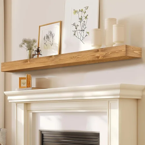 Miniatura 32 de Repisa de chimenea de 48 pulgadas, madera maciza rústica hecha a mano de 3 pulgadas de grosor, estante flotante largo de pared con soporte de metal