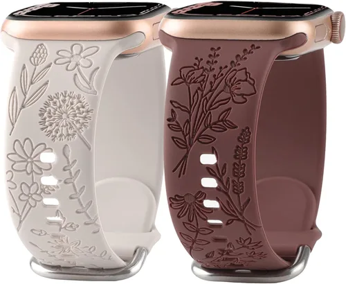 Miniatura 15 de Correa de silicona grabada con flores compatible con correas de Apple Watch de 1.496 pulgadas, 1.575 pulgadas, 1.614 pulgadas, bonita correa Negro