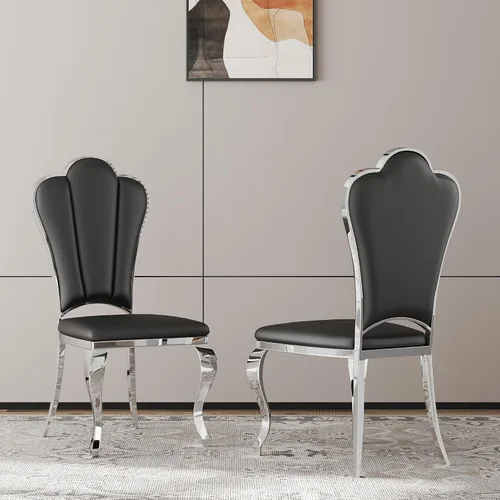 Miniatura 29 de Juego de 2 sillas con 2 sillas de comedor de piel sintética blanca, silla de cocina moderna con respaldo ovalado y patas de acero inoxidable