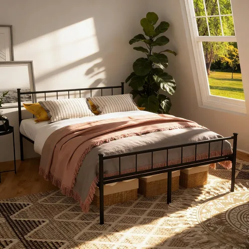 Miniatura 5 de Marco de cama de plataforma de metal, cama de hierro de estilo victoriano con cabecero, marco resistente y listones, almacenamiento debajo