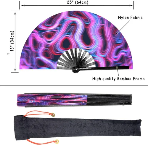 Miniatura 2 de Ventilador de mano plegable grande para mujeres/hombres, chino/japonés con bambú y tela de nailon, para actuaciones, decoraciones, bailes, fiestas