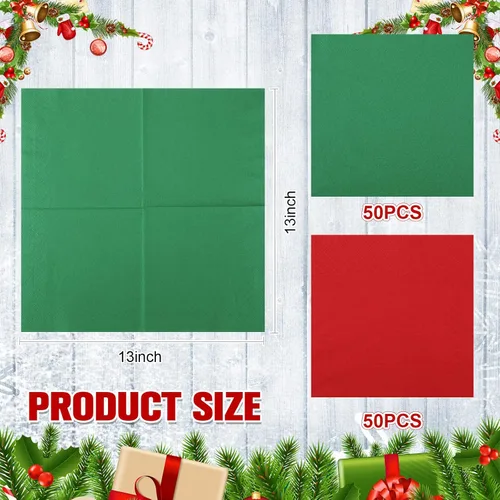 Miniatura 2 de Teling 300 piezas de servilletas de papel de Navidad desechables, servilletas rojas y verdes para fiestas navideñas, bodas, almuerzos en casa